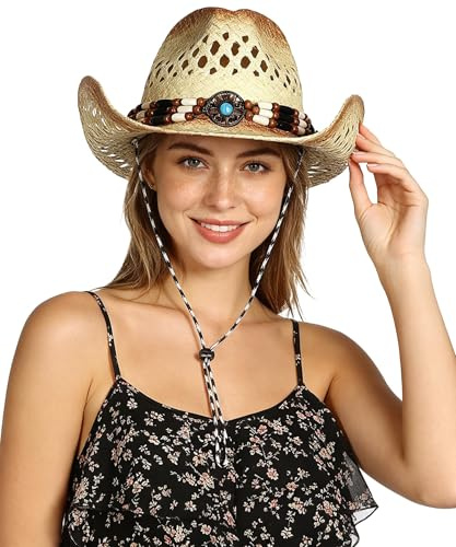 GEMVIE Chapeau de paille Panama pour femme, chapeau de cowboy, chapeau de plage, chapeau de soleil à large bord en paille enroulable