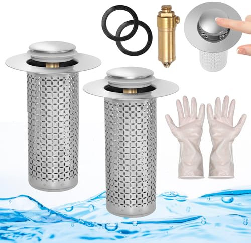 2 filtri di scarico universali pop-up per lavabo, per scarico da 34 – 40 mm, filtro di scarico a pavimento, in acciaio inox, con filtro per capelli, coppia di guanti, tappi di scarico per lavabo