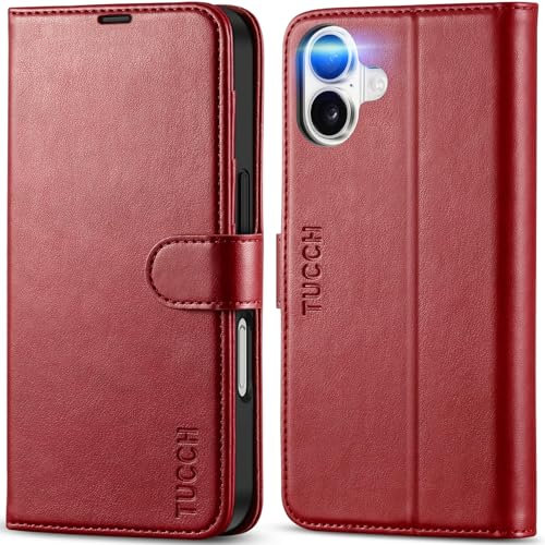 TUCCH Wallet Case for iPhone 16 (6.1) 2024, Magnetic Shockproof PU Leather Foldable Case with[RFID Blocking]Credit Card Slot, Stand Book TPU Flip Folio Phone Cover Compatible with iPhone16, Dark Red