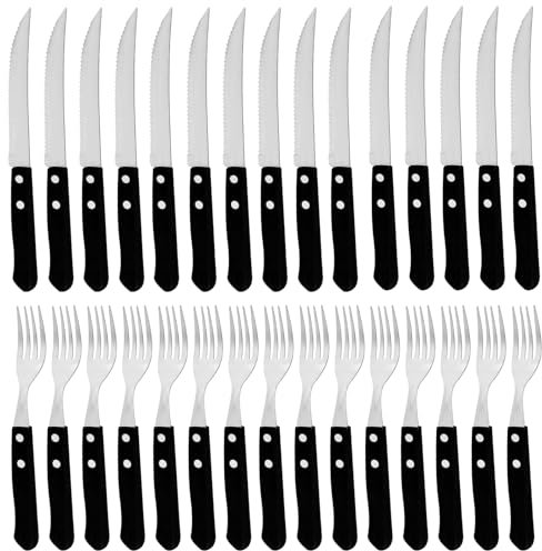 Steakbesteck Rostfreier Stahl Holz Set: WEGREAT 30 Stück Edelstahl Steakbesteck, Gabel und Messer Set 15 Tafelgabeln und 15 Tafelmesser für 15 Personen, Scharfer Wellenschliff Schwarz