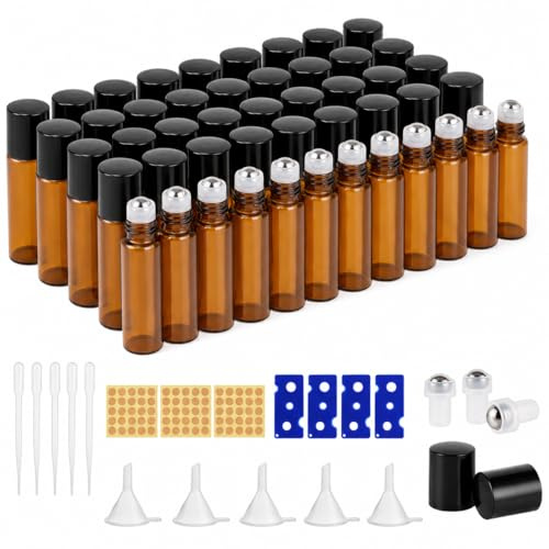 CYEER 50 Stück Roll On Flasche Leer 5ml Braunglas, Roll on ätherische öle mit Edelstahlkugeln, Inkl. Etiketten, Trichter, Pipetten & Öffner, für DIY Parfüm & Aromatherapie