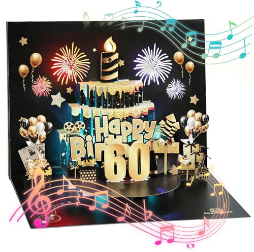 Joyoldelf 60 Geburtstagskarte mit Musik - 90° Pop Up Karte mit Lichtern und Interaktiven Kerzen, 3D Grußkarten Geburtstagsgeschenk für Männer, Frauen, Freunde, Familie