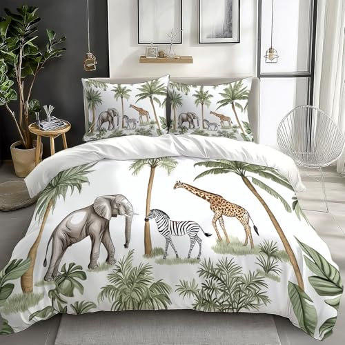 CozyRest Duvet Cover Set Child Jungle Palm Tree Bedding Set 3pcs, Soft Comfy Animal Zebra Cheetah Reversible Duvet Cover Breathable Bedding Bed Sets with Pillow Cases, Easy Care