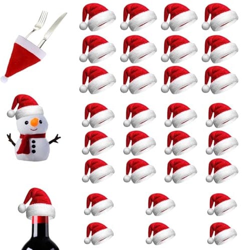 LUYANFX Mini Weihnachtsmütze, Minis Weihnachtsmann Mütze, Mini Mützen Zum Basteln, für Tasse Besteck Flasche,Weihnachtsdeko, DIY Tischdekoration,Candy, Schneemann, Geschenk (30 PCS)