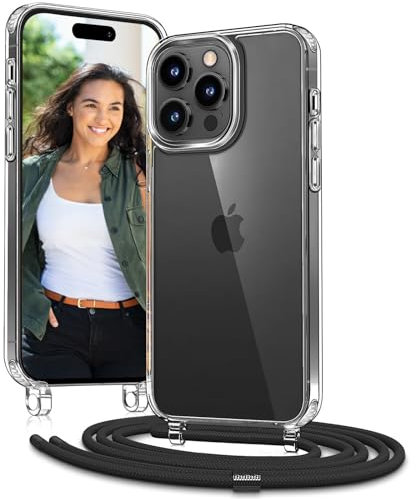 Vaykwo Handykette mit Band für Apple iPhone 15 Pro Hülle - Necklace Handyhülle - Transparente Case zum Umhängen mit Kameraschutz und Bildschirmschutz - Schwarz