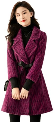 Hdhdeueh Gabardina larga de lana para mujer, con cinturón delgado, solapa cálida, a rayas, manga larga, abrigo de guisante, fucsia, M