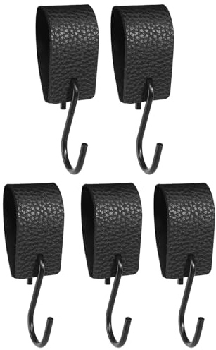 S Hooks with Leather Loop,5 PCS S Shaped Hooks Black S Hooks S Metal Hooks Multifunctional Hooks S-Shaped Leather Hook Camping Hooks for Clothes Rail Wardrobe Kitchen Bathroom