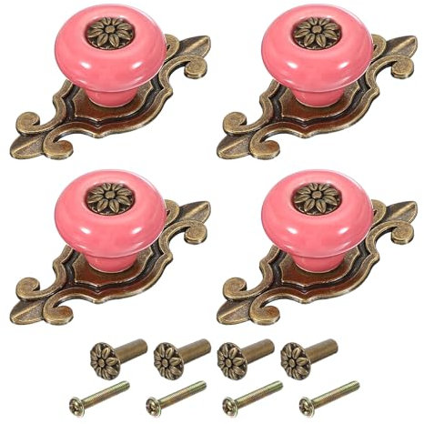 PATIKIL Retro Ceramic Knobs 1-1/4, 4Pcs Vintage Round Drawer Knobs Dresser Petal Pulls Handles with Backplate/Screw/Nut for Kitchen Door Cupboard Wardrobe, Pink