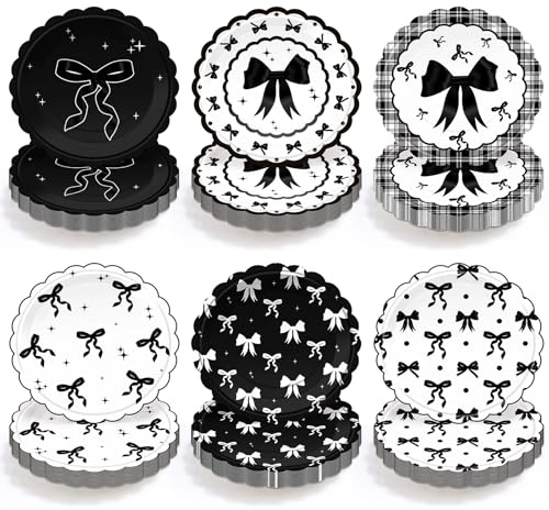 Honeydak 90 Pcs Black and White Bow Party Plates 9 Inch Black White Bow Birthday Decorations Coquette Cake Plates Set Disposable Paper Scalloped Tableware Bachelorette Bridal Shower Party Supplies