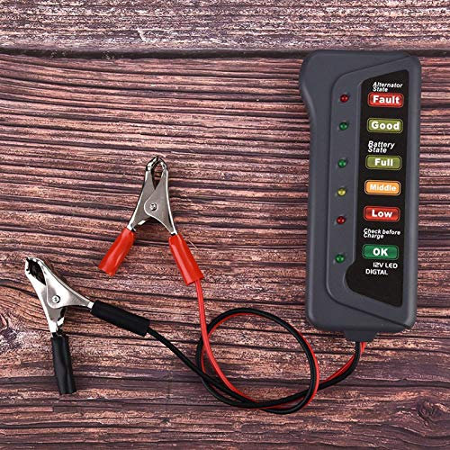 Car Battery Tester Analyzer, with 6-LED Display, Easy for Alternator State Check, Overload Display, Improving Driving Safety, Suitable for Car, Motorcycle, Etc with Two Clips,