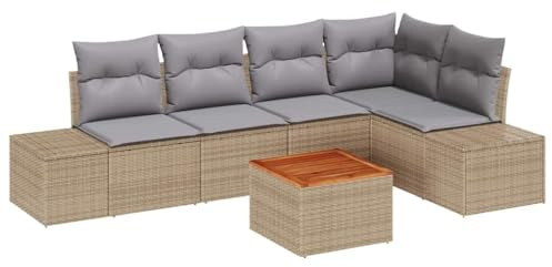vidaXL 6-teiliges Garten-Sofa-Set mit Kissen in Schwarz aus Poly Rattan und Akazie – Robuste Gartenmöbel für die Lounge und Terrasse