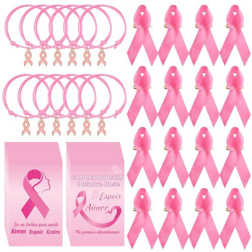 WANDIC 24 Sets Octobre Rose Épingle du Ruban Épingle en Polyester Broches de Sensibilisation au Cancer du Sein avec Carte Bracelet Cordon Réglable Femme pour La Décoration Charité