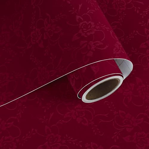 VaryPaper Self Adhesive Red Velvet Fabric Wallpaper 40cmx200cm Removable Rose Embossed Fabric Contact Paper Red Sticky Back Felt Soft Velvet Flocking Liner for Jewelry Boxes Drawer Cupboard Vinyl Wrap