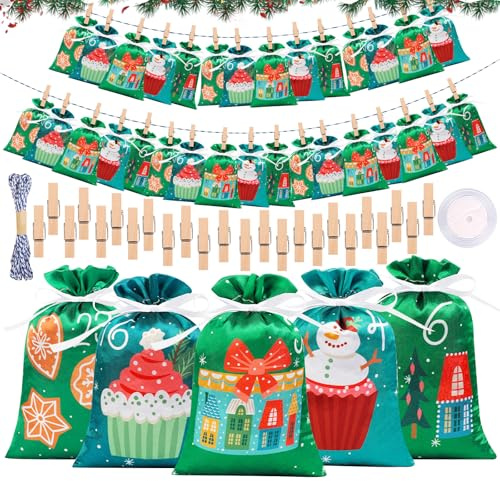 Adventskalender zum Befüllen 2025 für Kinder, Großer Stoff-Weihnachtskalender mit 24 Stoffbeutel (15x10cm), 2025 Adventskalenders DIY-BefüLlen Stoff Mit Holzklammern, Kordel Für Mädchen Jungen