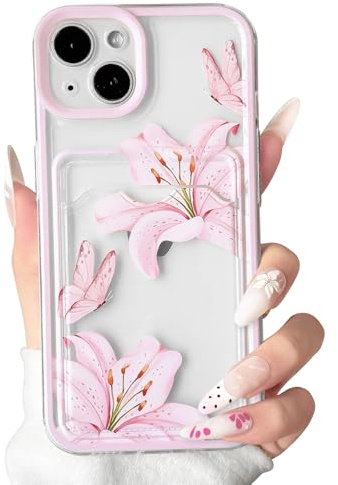 NITITOP for iPhone 14 Plus Case Clear Cute Lily Flower Wallet, Pink | for Women Girls, Floral Butterfly Pattern, with Card Holder, Color Frame, Soft TPU Shockproof Cover, Full Camera Protection