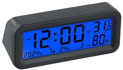 Yuanpgky Digitale Mini-Auto-Uhr mit Datums- und Feuchtigkeitsanzeige, solarbetriebene Armaturenbrett-Uhr mit automatischer Hintergrundbeleuchtung für Fahrzeug, Blau/Rot
