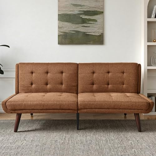 Merax Schlafsofa Klappsofa mit Schlaffunktion, 2 Sitzer Sofa mit Verstellbarer Rückenlehne - Leinenstoff Sofabett, Eisenrahmen, für Wohnzimmer/Schlafzimmer/Gästezimmer, Braun