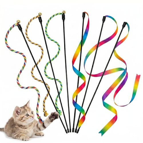 Katzenangel–Interaktive Katzenspielzeug(6er-Set),mit 70cm Seil & Glöckchen | katzenspielzeug angel–katzen spielzeug set(6er, 3 Farben)，kitten spielzeug für Training, Saubere Zähne spielzeug katze