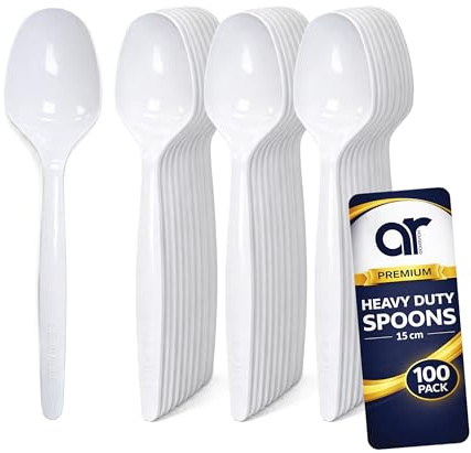 AR Household Premium Reusable Plastic Spoons | 100 Pack | Strong & Durable Reusable Cutlery | White Plastic Spoons for Parties, Catering, Events, Takeaways, Home & Office Use