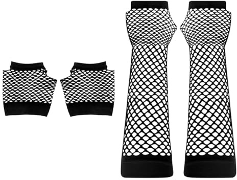 4 Piezas Guantes de Rejilla Sin Dedos para Mujer, Mangas de Red Elásticas Largas y Cortas, Accesorios Disfraz Años 80 para Fiesta Temática, Halloween y Cosplay, Color Negro