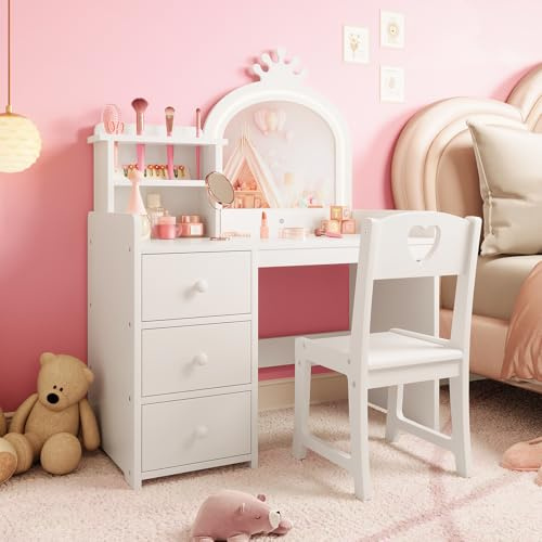 Garvee 2-in-1 Kinder Schminktisch Set – Weißer Holz Frisiertisch mit Spiegel & Beleuchtung, Hocker, 3 Schubladen, Abnehmbarer Aufsatz – Farbe: White