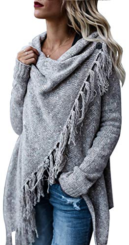 CEASIKERY Damen-Poncho mit Fransen, Pullover, lange Strickjacke, Strickpullover, Mantel, hellgrau, Klein