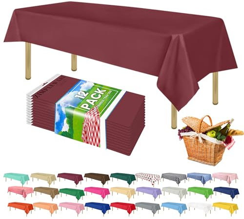 ZIMPLEWARE Premium Burgundy Plastic Table Cloth Disposable (12 Pk) Plastic Tablecloths for Rectangle Tables (54in x 108in) Party Table Cloths Disposable for 6ft to 8ft Rectangle Tables | Rectangle Burgundy Durable Plastic Table Covers, Disposable Tablecloths, fade and tear-resistent table cover for any event