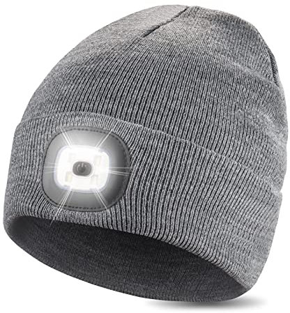WEITOO Unisex 4 LED Lighted Beanie ，Cap with Light, USB Rechargeable Super Bright Hands Free Headlight Torch Hat for Running Hiking，Gifts for Men Women Dad Grey