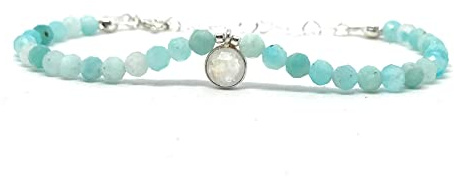 Bracelet femme amazonite pierre naturelle pendentif central pierre de lune épaisseur 4mm en argent massif réglable de 16cm à 19cm