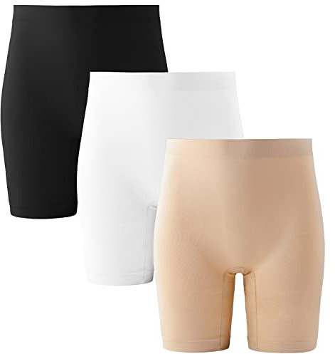 INNERSY Short Femme sous Jupe Legging Court Eté Anti Frottement Seamless Shorty Boxer Lot de 3 (L, Noir/Blanc/Beige)