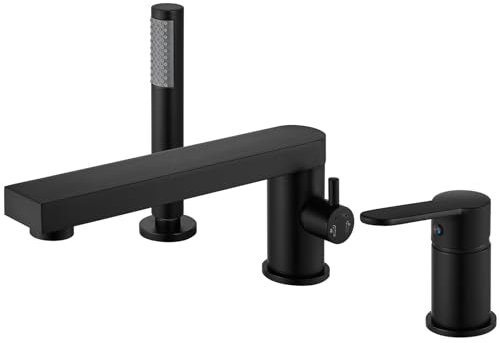 Aolemi Widespread Robinet de baignoire romain à poignée unique moderne pour salle de bain avec pulvérisateur à main, 3 trous et long bec - Kit de garniture de douche avec valve incluse