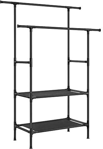 SONGMICS Kleiderständer, Garderobenständer aus Metall, mit 2 Kleiderstangen, 2 Ablagen, bis 70 kg belastbar, einfache Montage, schwarz RDR002B02