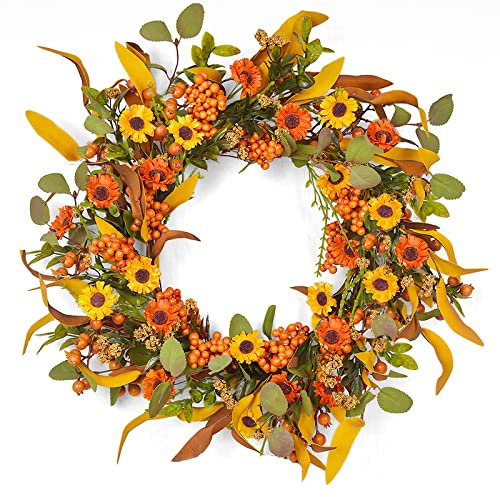 Dremisland Künstlicher Herbst-Blumenkranz, 50.8 cm, orangefarbener Gänseblümchen-Kranz, Herbsternte, Kranz für Haustür, Herbst, Wildblumen, Kranz, Wand, Thanksgiving & Halloween, Festivaldekoration