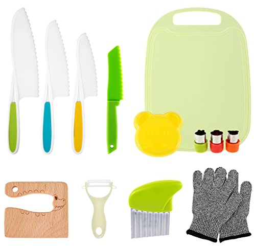13 Pieces Kids Kitchen Knifes, Toddler Safe Knives Set for Real Cooking with Plastic Toddler Safe Knives/Crinkle Cutter/Wooden Chopping Knife/Kids Cutting Board/Y-Peeler/Fruit Cutters Shapes (A)