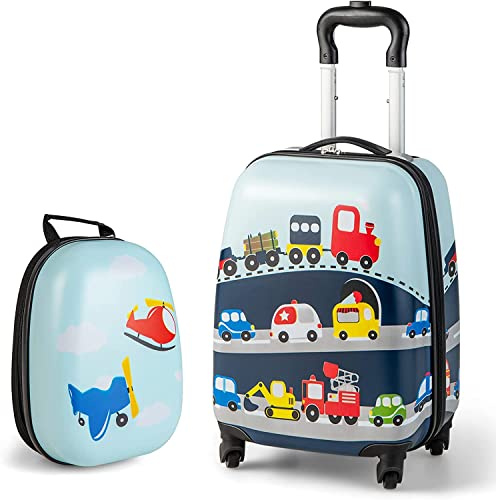 2PCS Kids Luggage Set, 12’’ Travel Backpack and 16’’ Carry on Suitcase with Rolling Spinner Wheels for Children Boys Girls, Trolley Case Gift for Toddlers (Car & Aircraft)