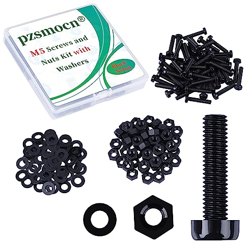 Pzsmocn 150 Stück/50 Sätze M5*25 mm Schwarzes Nylon Kunststoff Kreuzschlitz Rundkopfschrauben-Sechskantmuttern mit Isolierscheibe Standardgröße, für Heimwerker und Elektronische Montage.