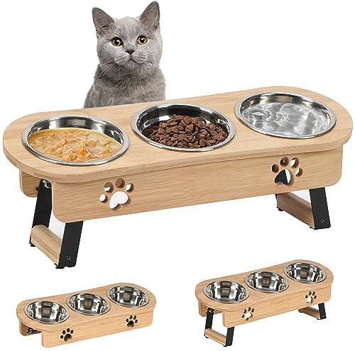 GHIAKQYT Erhöhte Futternäpfe - Futterstation Katzen 3 Näpfe Erhöht, Katzennapf Höhenverstellbar, Fressnapf Futterbar mit Ständer Edelstahl Näpfe für Wasser Futter - Futternapf für Katzen
