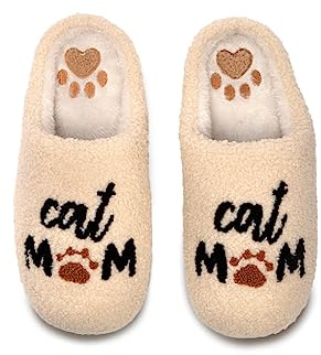 Living Royal Plush Slippers, Novelty Cozy Non-Slip Rubber Sole, Soft 100% Polyester, Silly Funny Fuzzy Design, Cat Mom Small/Medium
