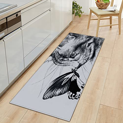 GOKSEL Komfort Küchenläufer Doodle Katze&Schmetterling rutschfeste Küchenteppich, Gummirücken Küchenmatte Teppichläufer für Esszimmer, Küche, Flur 60 x 180cm