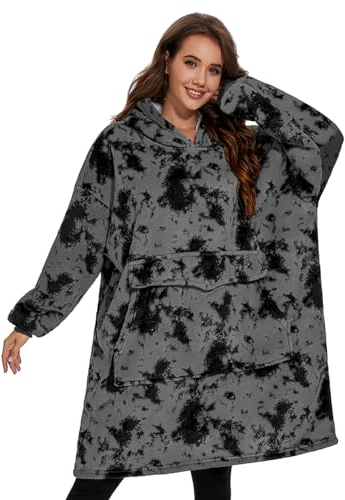 GAYYNE Hoodie Decke mit Ärmeln Deckenpullover, Tragbare Decken Hoodie Damen, Ultra Weiche Sherpa Fleece Hoodie Sweatshirt mit Big Pocket als Geschenke für Frauen Damen Krawattenfarbe Grau