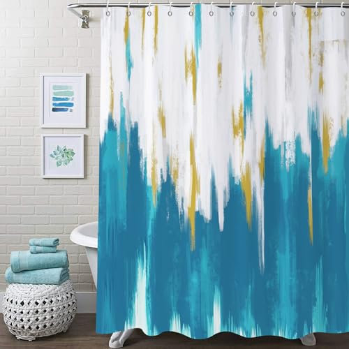 Caheansi Cortina de ducha azul turquesa, pintura al óleo de graffiti, arte moderno, abstracto, tela impermeable, lavable a máquina, con ganchos, 72 pulgadas de ancho x 72 pulgadas de largo