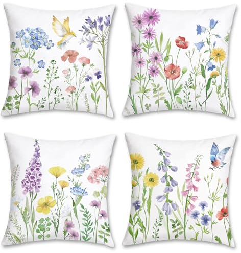Bonhause Fundas Cojines Flores 45 x 45 cm Funda de Almohada Flor de Jardín Pájaros Terciopelo Suave Cojines Decorativos para Sofá Cama Hogar Jardín Juego de 4