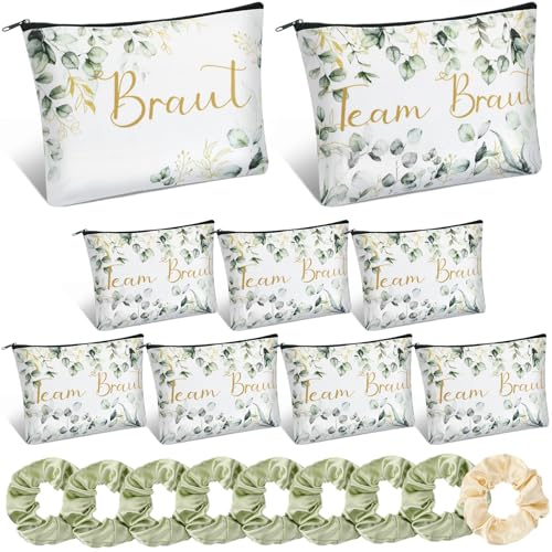 Ylinge 9 Sets Braut Geschenke JGA Party Zubehör Satin Braut Haargummis Team Braut Make up Tasche Geschenk zur Brautparty Junggesellenabschied Tasche Dekoration für Hochzeit Verlobung (Grün)