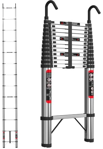 Telescoping Extension Ladder 5m/16.4ft Portable Foldable Retractable Ladder with 2x Detachable Hooks, Extendable 12 Steps, Spring Loaded Locking, for Multi Purpose Use