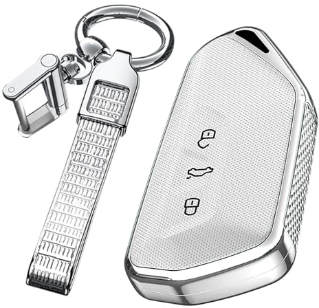 TECART Autoschlüsselhalter Schlüsseltasche für VW Volkswagen Golf 8 MK8 GTI GTD ID.3 ID.4 Schlüssel Schutz Etui für Seat Tarraco Ateca Leon Schlüsselgehäuse Schlüsselanhänger 3 Tasten-B Silber