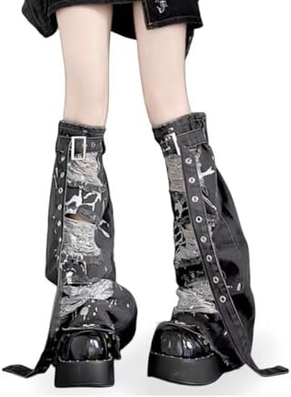 PRK 14 Black Kawaii Leg Warmers Girls Denim Sleeves Baggy Knee High Flared Gothic Womens Festival Goth Fashion Y2K Emo Grunge Style