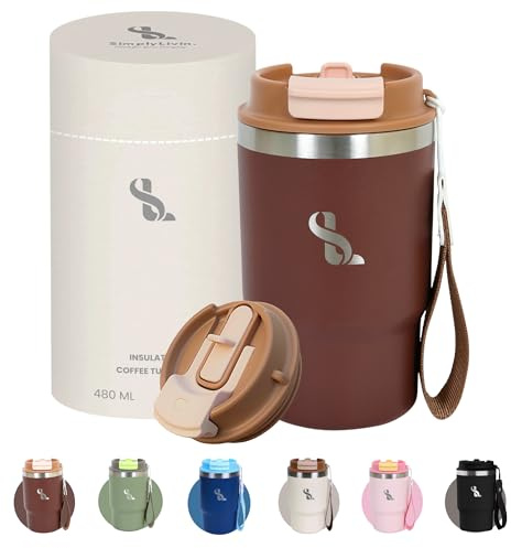 SimplyLivin Insulated Coffee Cup Travel Mug 480ml 16oz | Tumbler Flask with Straw & Spout Lid | Leakproof | 8H Hot 12H Cold | Reusable Coffee Cup | Stainless Steel Tumbler | Gift | Coffee Brown
