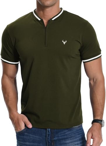 MLANM Men's T-Shirt Summer Zip Henley Short Sleeve Shirt Front Deer Head Embroidery Casual Cotton Men's Tops,M Army Green