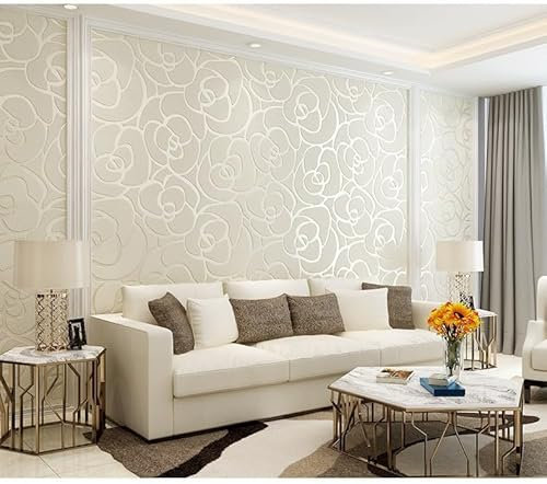 Papier Peint Intissé Fleurs Blanc Cassé Papier Peint 3D pour La Maison Chambre Adulte Salon Décoration,Papier Peint Mural,Papier Peint Toilette 10,05 M X 0,53 M