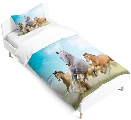 JEFFEL Juego de ropa de cama con diseño de caballos 135x200 cm, ropa de cama para niños, diseño 3D de animales, microfibra, muy suave, juego de ropa de cama para niños con funda de edredón y funda de